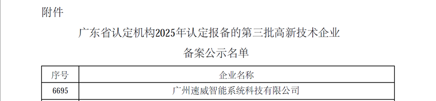 再获认可!速威智能连续第四次通过国家高新技术企业认定